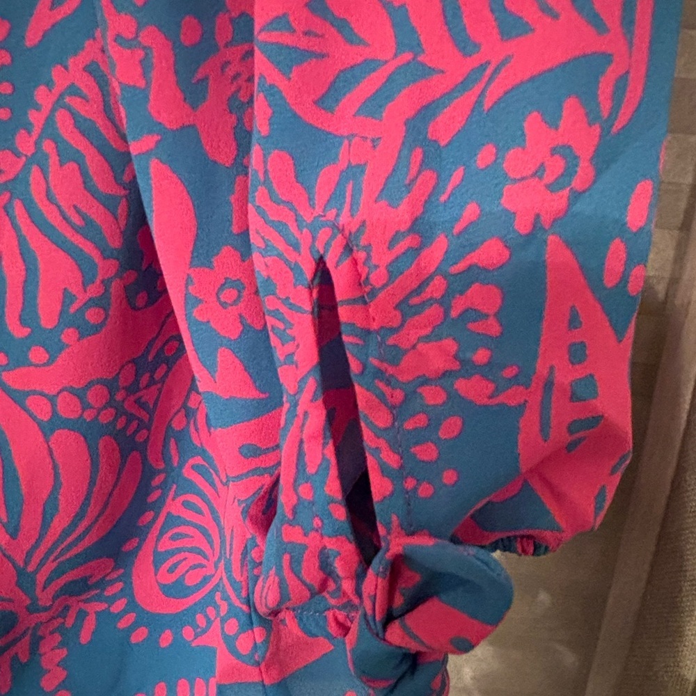 Lilly Pulitzer Pink and Teal Abstract Print off the shoulder blouse size large - Picture 3 of 7